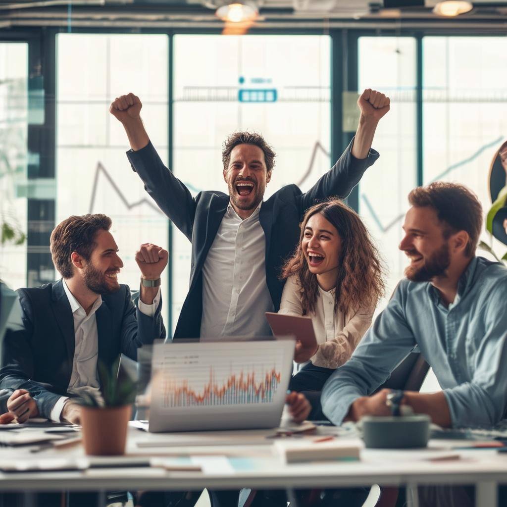 A Sales leader celebrating success with his team in an informal office setting without desks