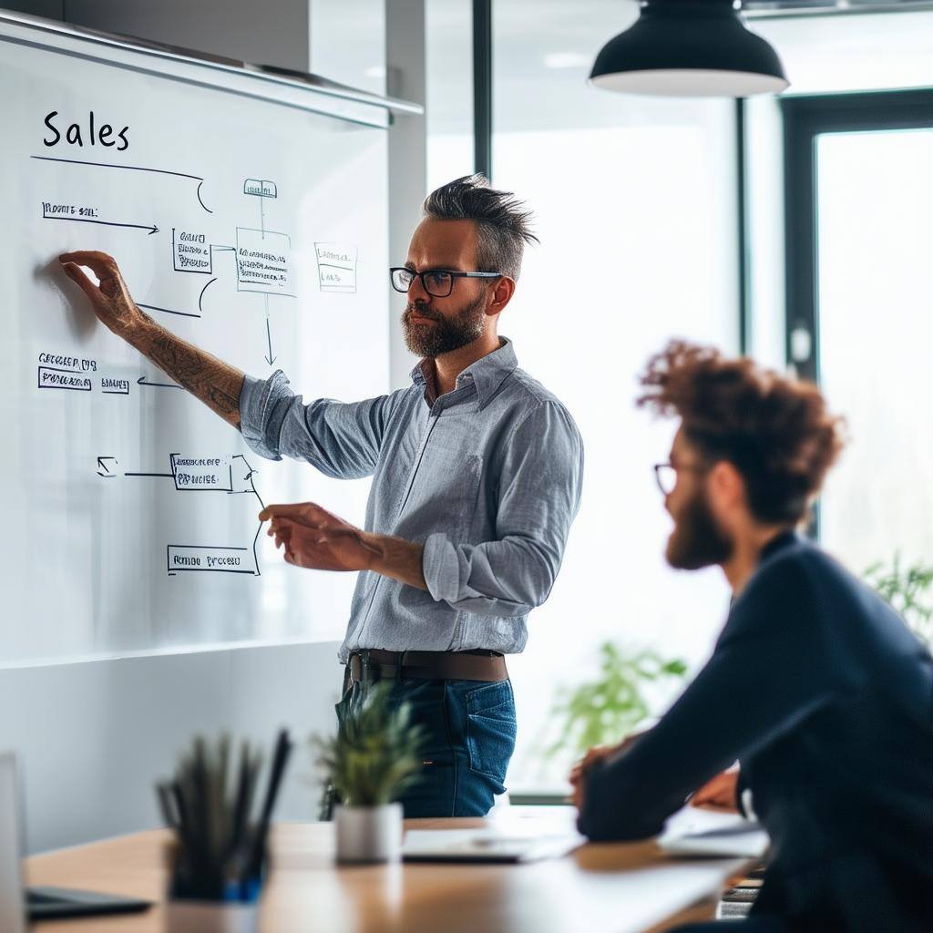 two people in an office setting, wearing informal clothing, one showing a sales process on a whiteboard, the other sitting at a meeting room table loo